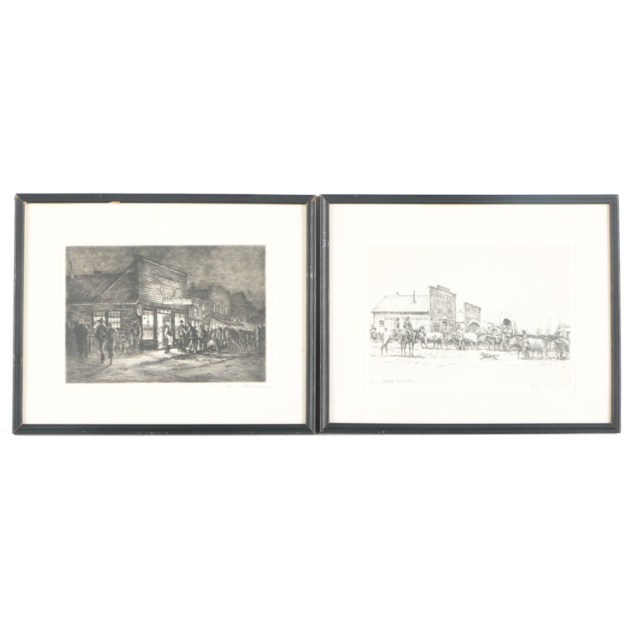 Hans Kleiber Signed Etchings On Paper "Bucket Of Blood Saloon" and "Leaving the Frontier"