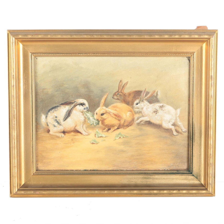 Oil Painting on Board Four Rabbits