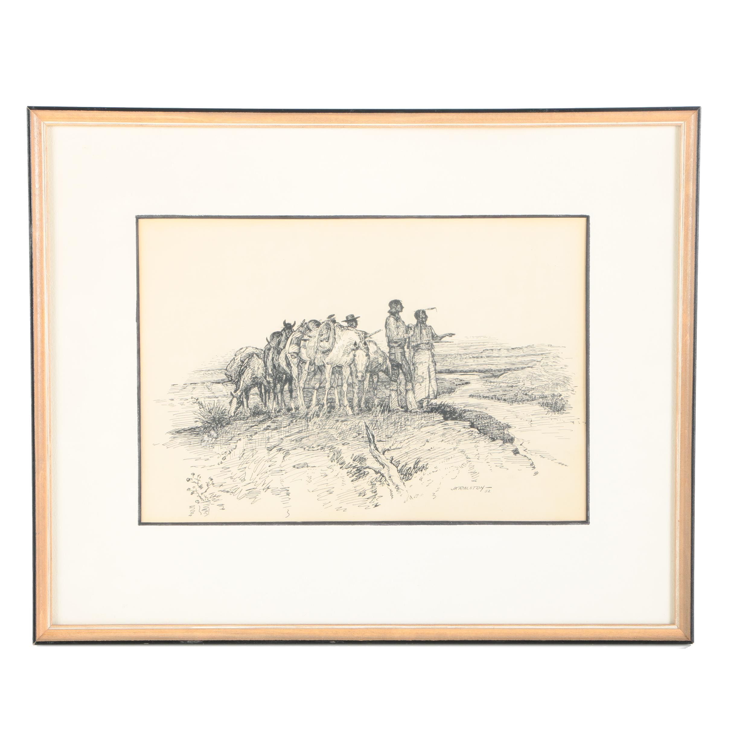 J.K. Ralston Signed Ink On Paper Drawing "Red Guide"