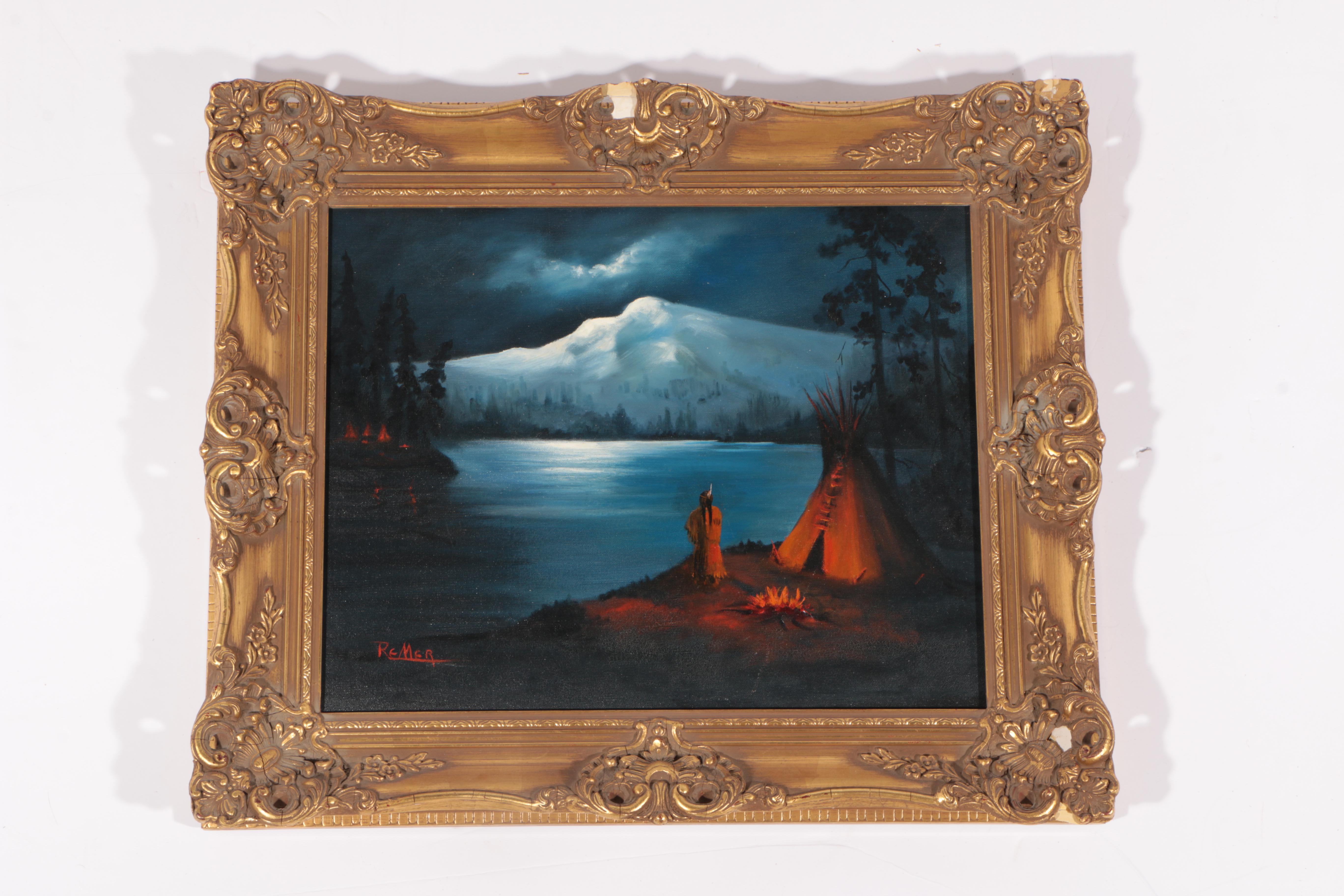 Remer Oil Painting on Canvas of Native American Campsite