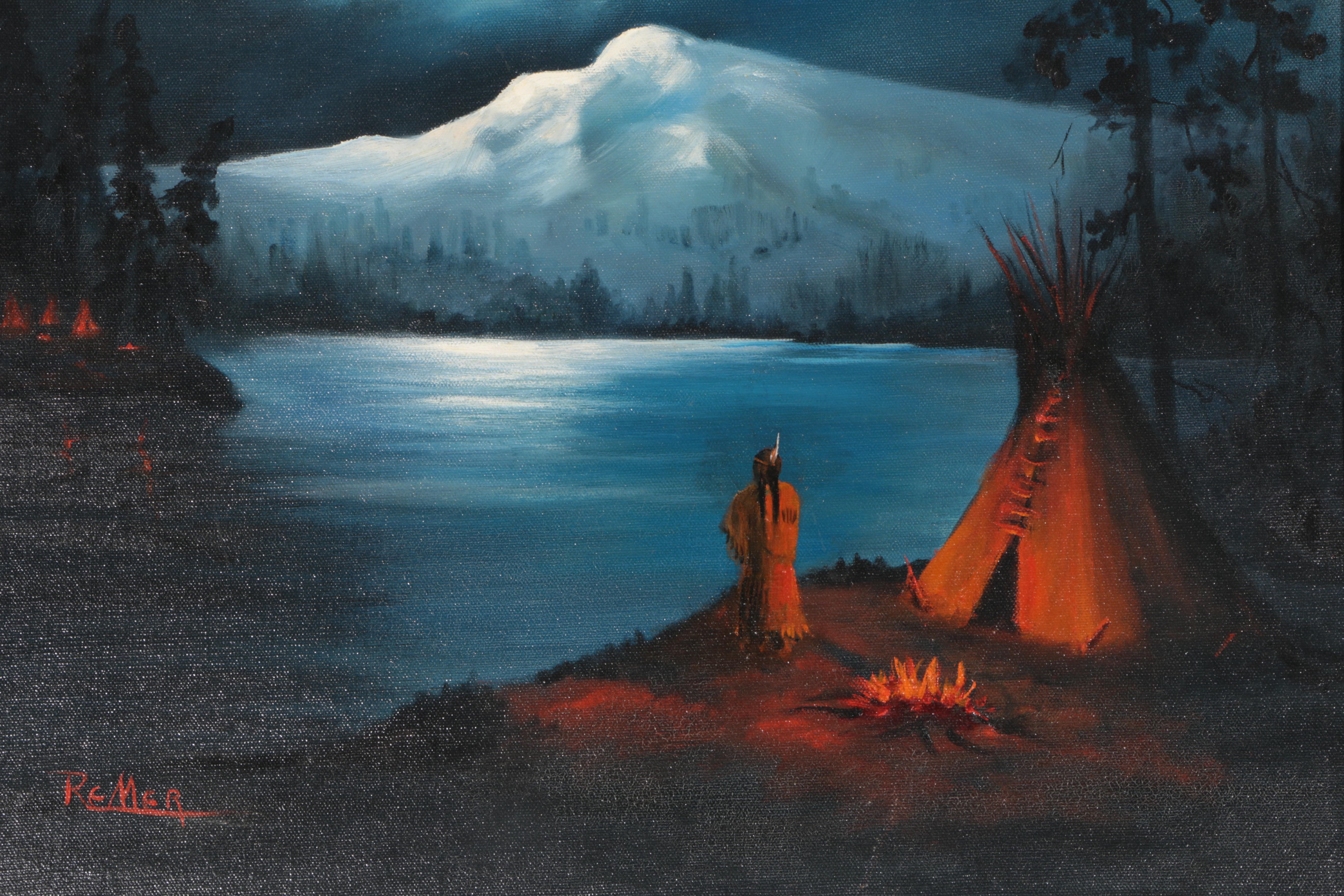 Remer Oil Painting on Canvas of Native American Campsite