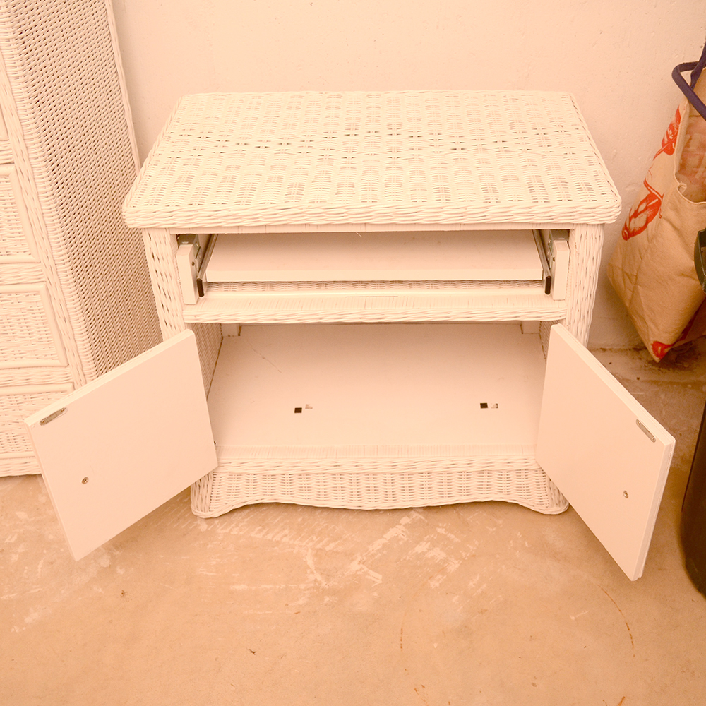 White Wicker Side Table with Side Out Desk Top