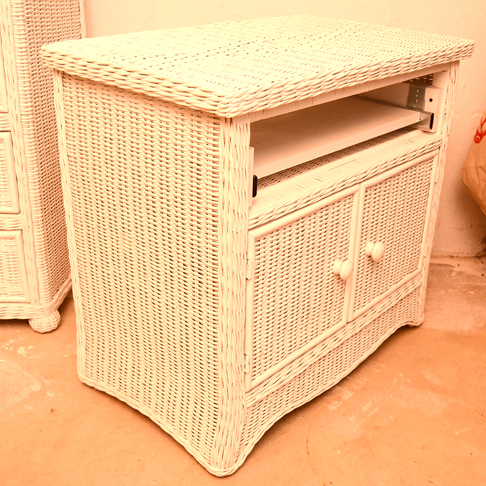 White Wicker Side Table with Side Out Desk Top