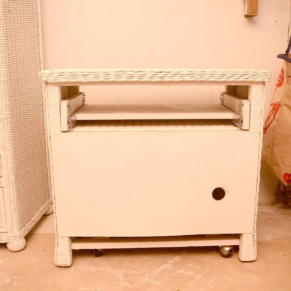 White Wicker Side Table with Side Out Desk Top