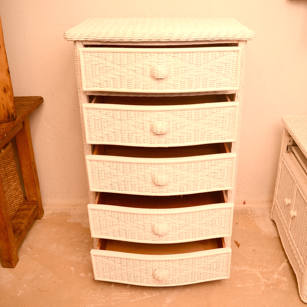 White Wicker Five-Drawer Dresser