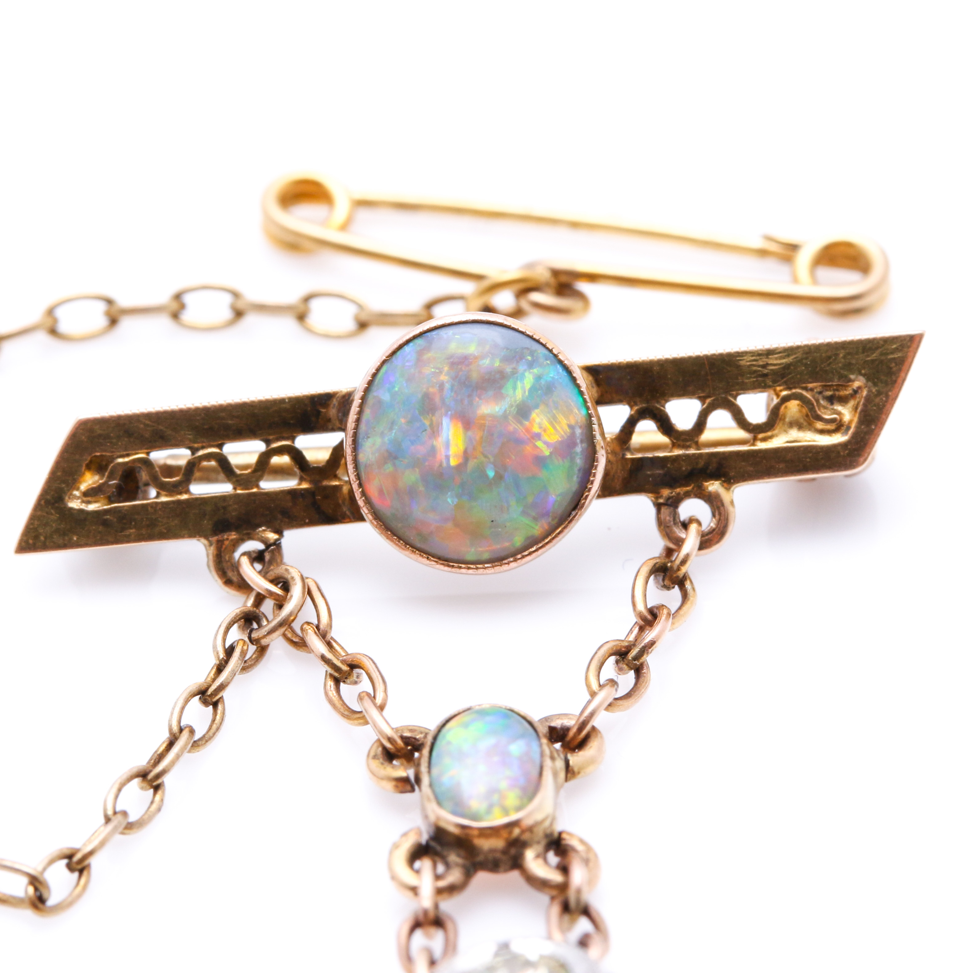 10K - 14K Yellow Gold and Platinum Opal and 1.56 CTW Diamond Pin