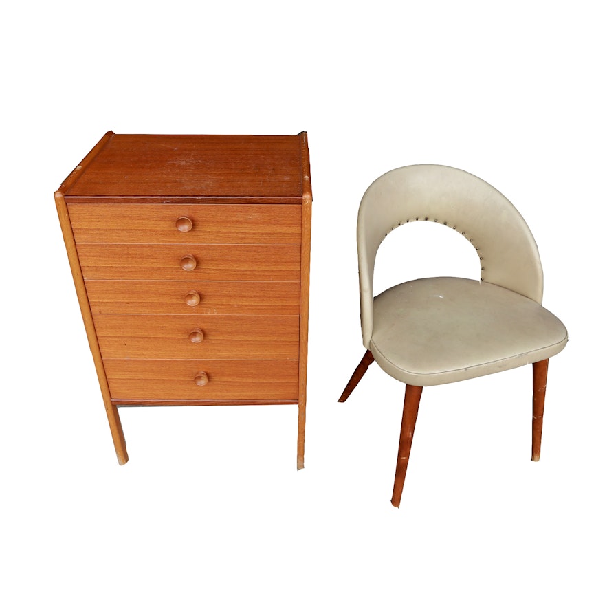 Danish Modern Small Wooden Chest of Drawers and Vinyl Side Chair