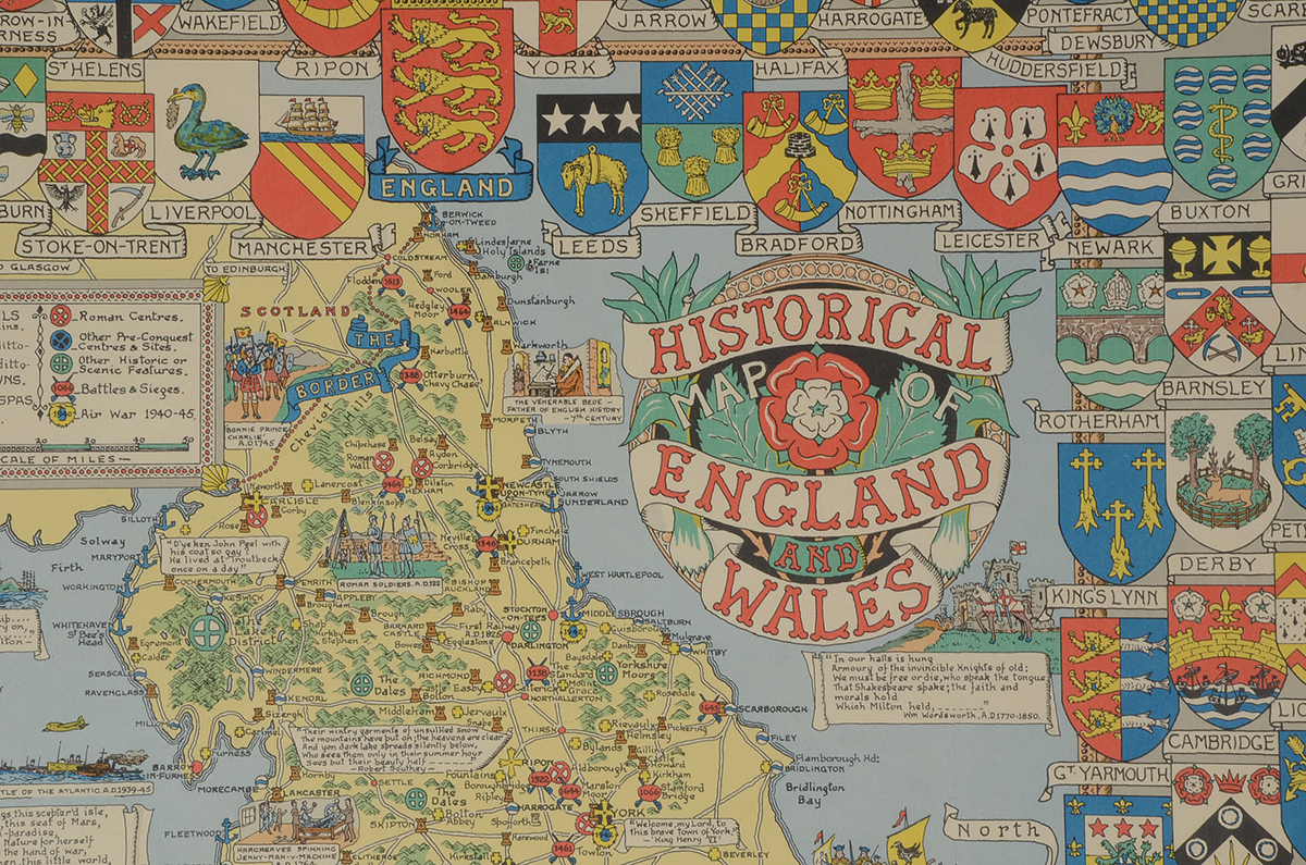 Vintage Color Lithographic Poster "Historical Map of England and Wales"
