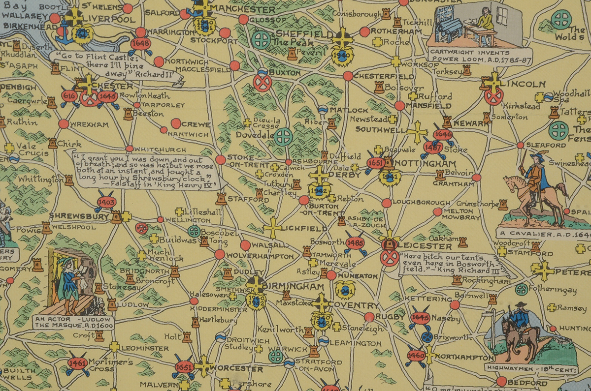 Vintage Color Lithographic Poster "Historical Map of England and Wales"
