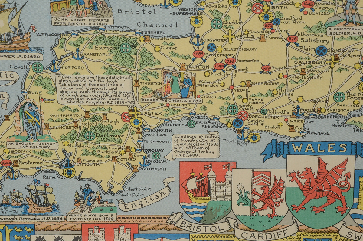 Vintage Color Lithographic Poster "Historical Map of England and Wales"