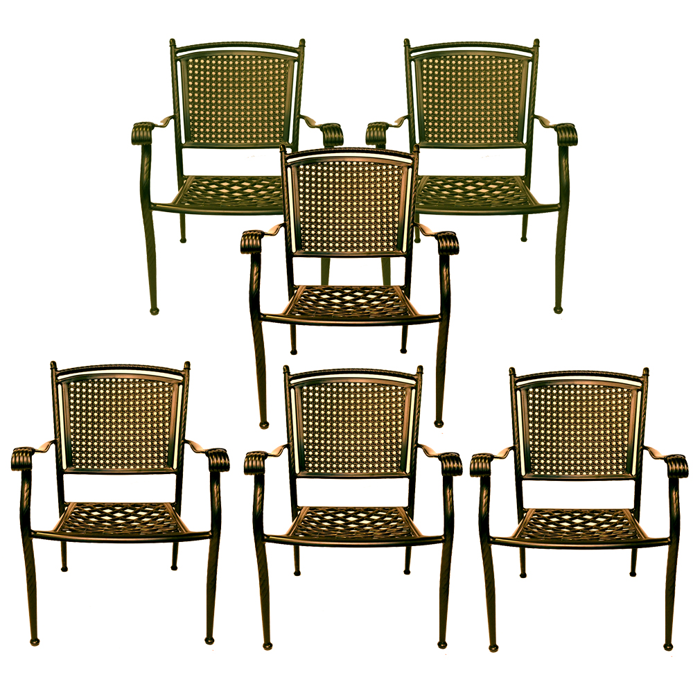 Set of Six Black Metal Patio Arm Chairs