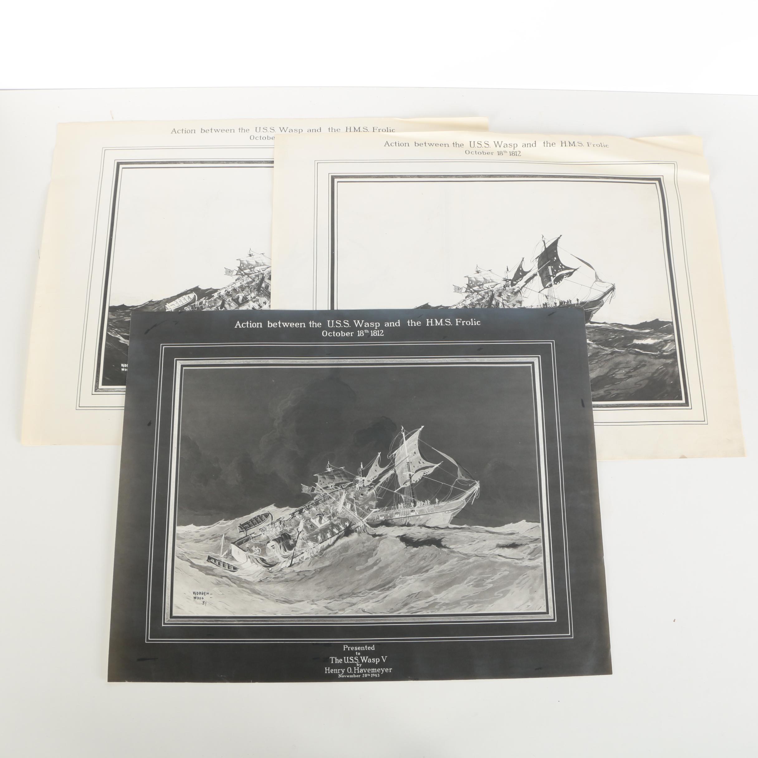 Lithographs After Worden Wood "Action Between the U.S.S. Wasp and the H.M.S. Frolic"
