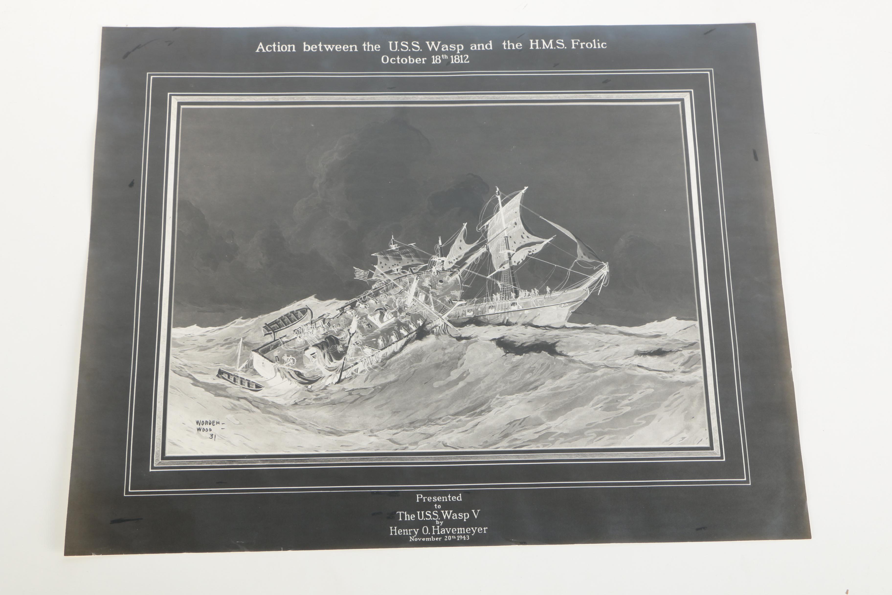 Lithographs After Worden Wood "Action Between the U.S.S. Wasp and the H.M.S. Frolic"