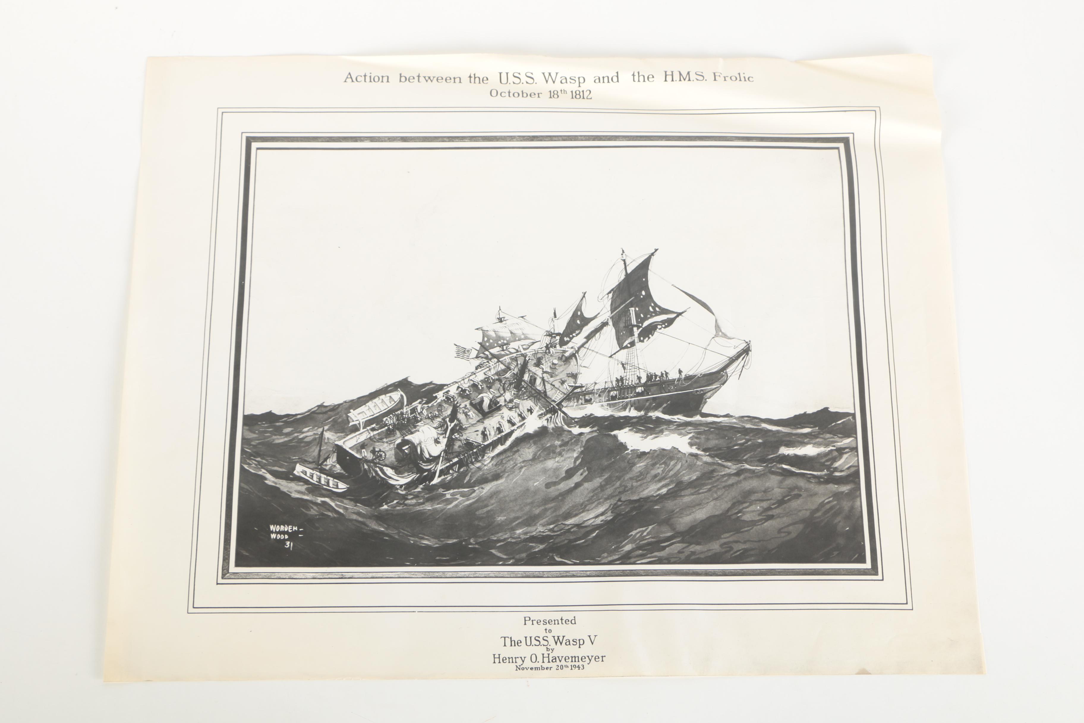 Lithographs After Worden Wood "Action Between the U.S.S. Wasp and the H.M.S. Frolic"