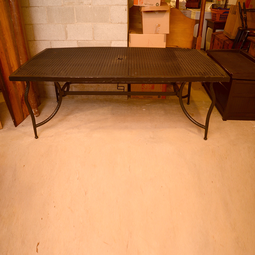 Metal Table With Cane Inset Top and Umbrella