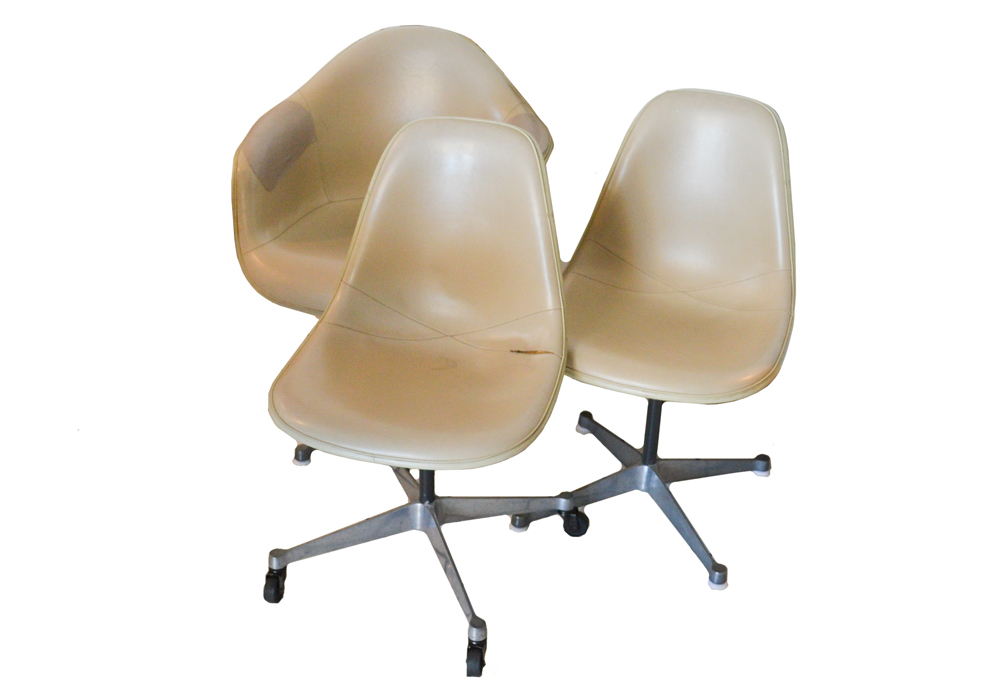 Three Mid Century Modern Tan Leather Shell Chairs