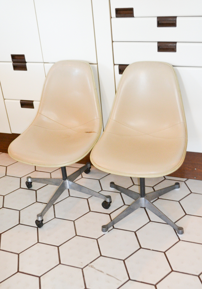 Three Mid Century Modern Tan Leather Shell Chairs
