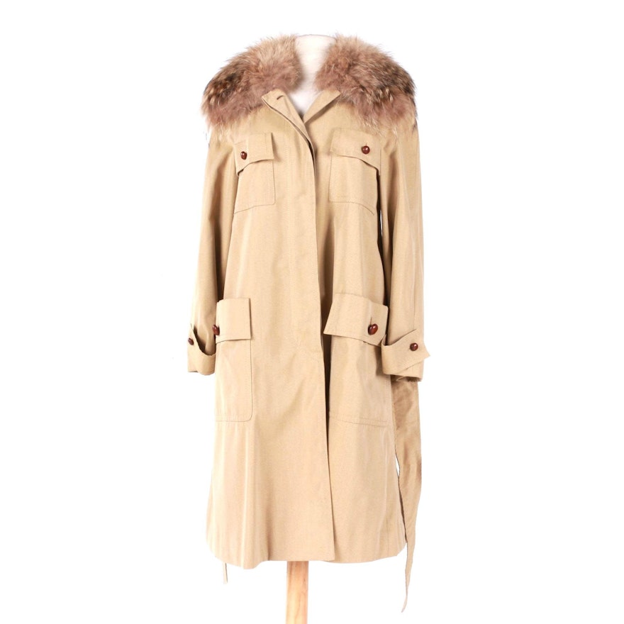 Vintage 1970's Valentino Women's Trench Coat with Coyote Fur Collar