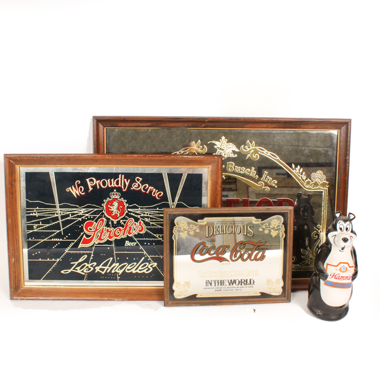 Vintage Mirrored Beverage Signs and Hamm's Beer Bear Decanter