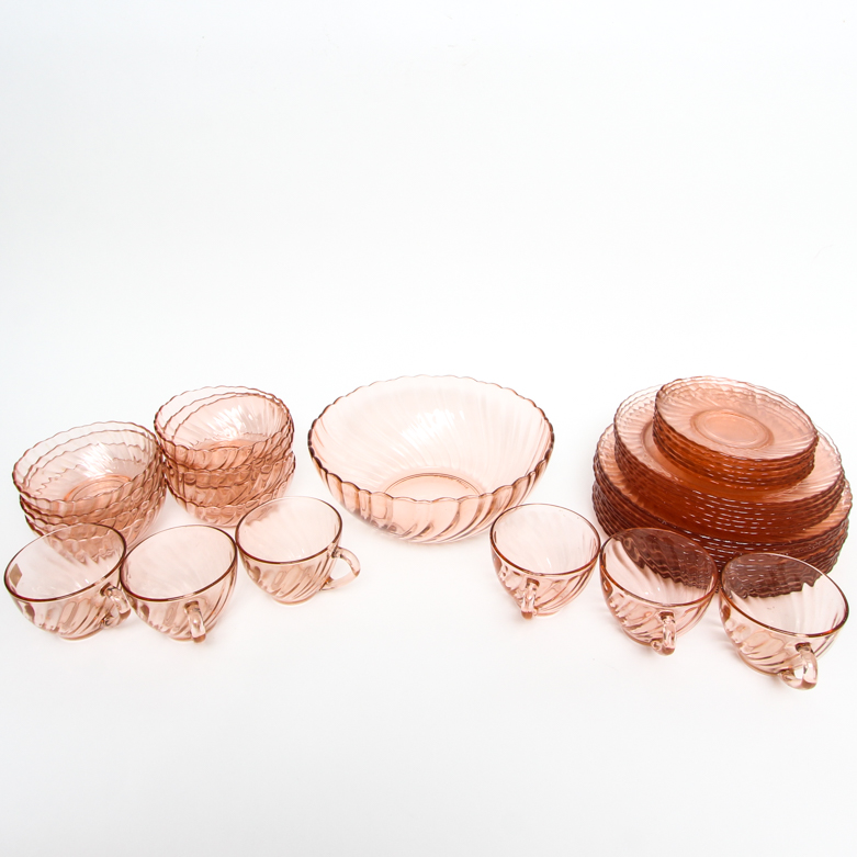 Arcoroc "Rosaline" Pink Glass Plates, Teacups, and Bowl