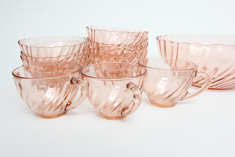 Arcoroc "Rosaline" Pink Glass Plates, Teacups, and Bowl
