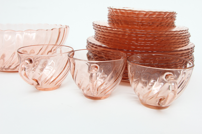 Arcoroc "Rosaline" Pink Glass Plates, Teacups, and Bowl