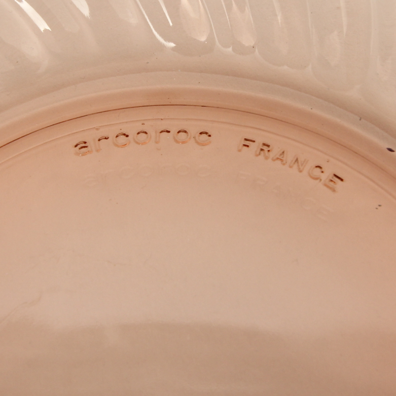 Arcoroc "Rosaline" Pink Glass Plates, Teacups, and Bowl
