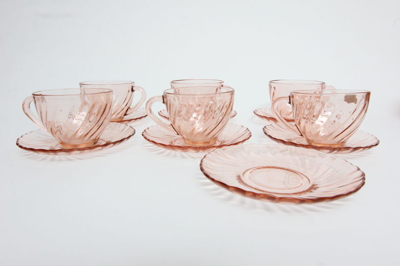 Arcoroc "Rosaline" Pink Glass Plates, Teacups, and Bowl