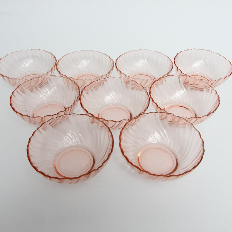 Arcoroc "Rosaline" Pink Glass Plates, Teacups, and Bowl