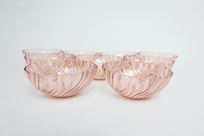 Arcoroc "Rosaline" Pink Glass Plates, Teacups, and Bowl