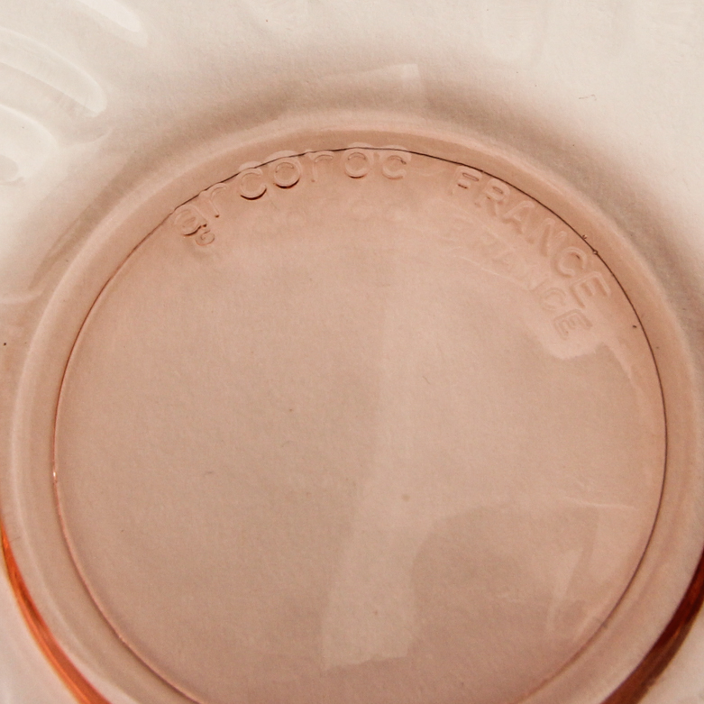 Arcoroc "Rosaline" Pink Glass Plates, Teacups, and Bowl