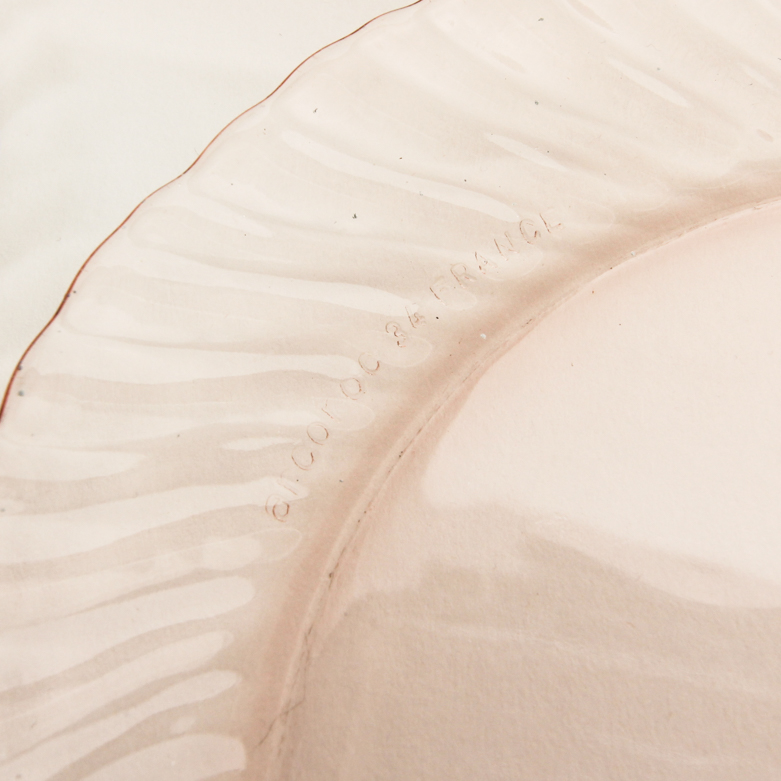 Arcoroc "Rosaline" Pink Glass Plates, Teacups, and Bowl