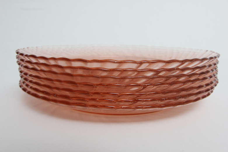 Arcoroc "Rosaline" Pink Glass Plates, Teacups, and Bowl