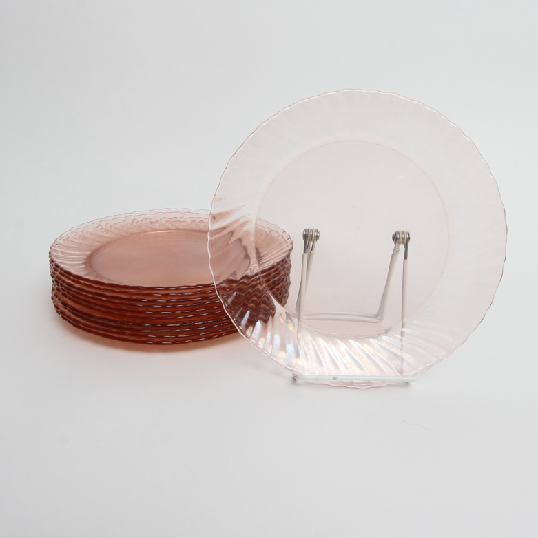 Arcoroc "Rosaline" Pink Glass Plates, Teacups, and Bowl