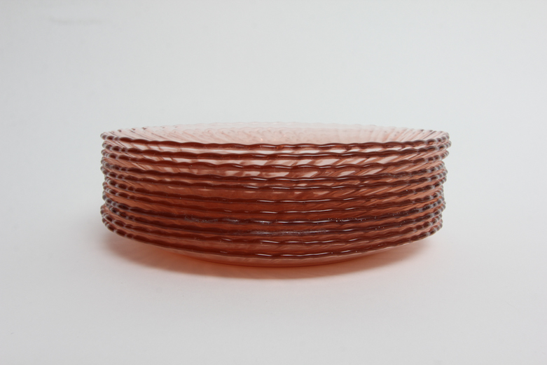 Arcoroc "Rosaline" Pink Glass Plates, Teacups, and Bowl