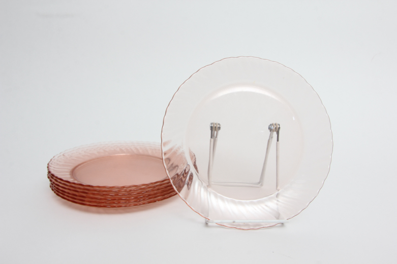 Arcoroc "Rosaline" Pink Glass Plates, Teacups, and Bowl