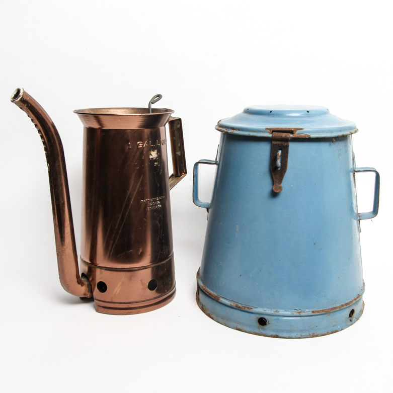 Vintage Copper Oil Can and Enameled Storage Container