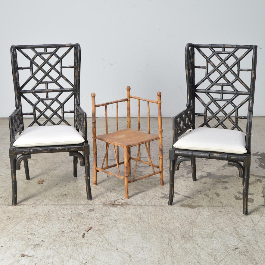 Wooden Bamboo-Style Chairs and Corner Table