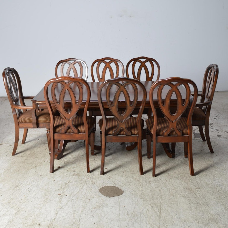 Two Pedestal Dining Table and Set of Eight Formal Dining Chairs