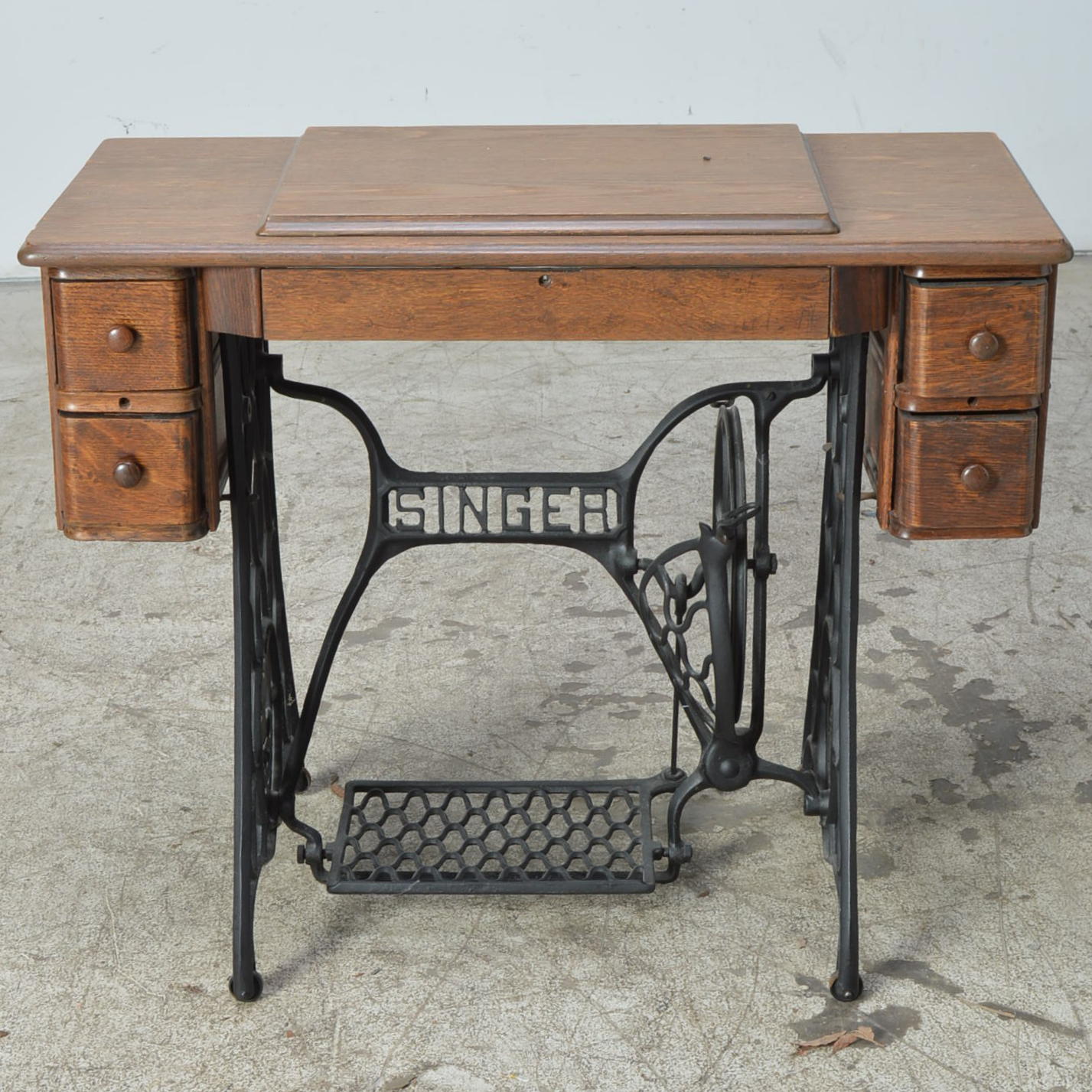 Vintage Oak Sewing Machine Table with Singer Base and Treadle