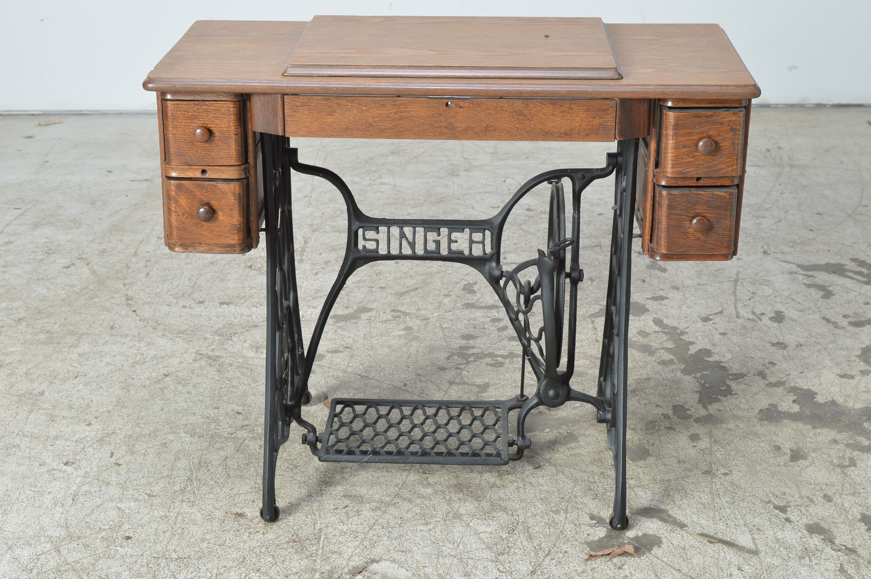 Vintage Oak Sewing Machine Table with Singer Base and Treadle