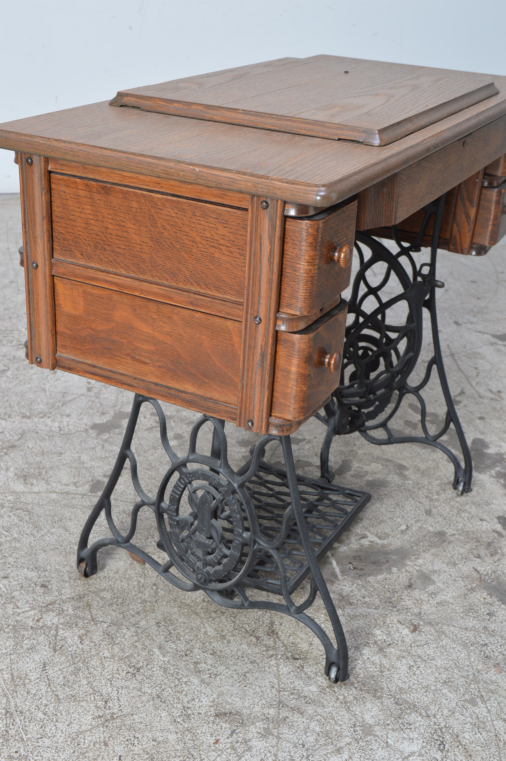 Vintage Oak Sewing Machine Table with Singer Base and Treadle