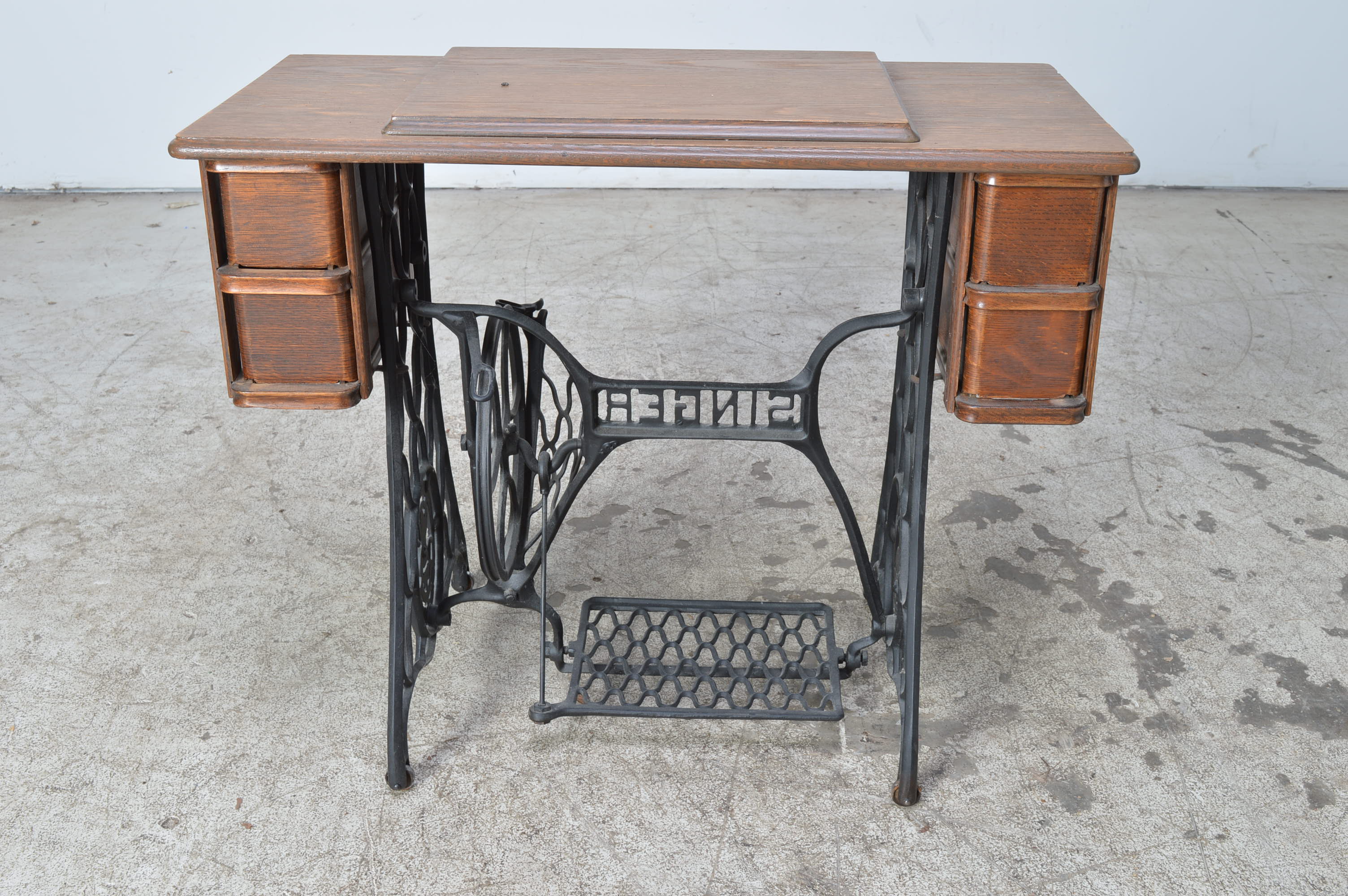Vintage Oak Sewing Machine Table with Singer Base and Treadle