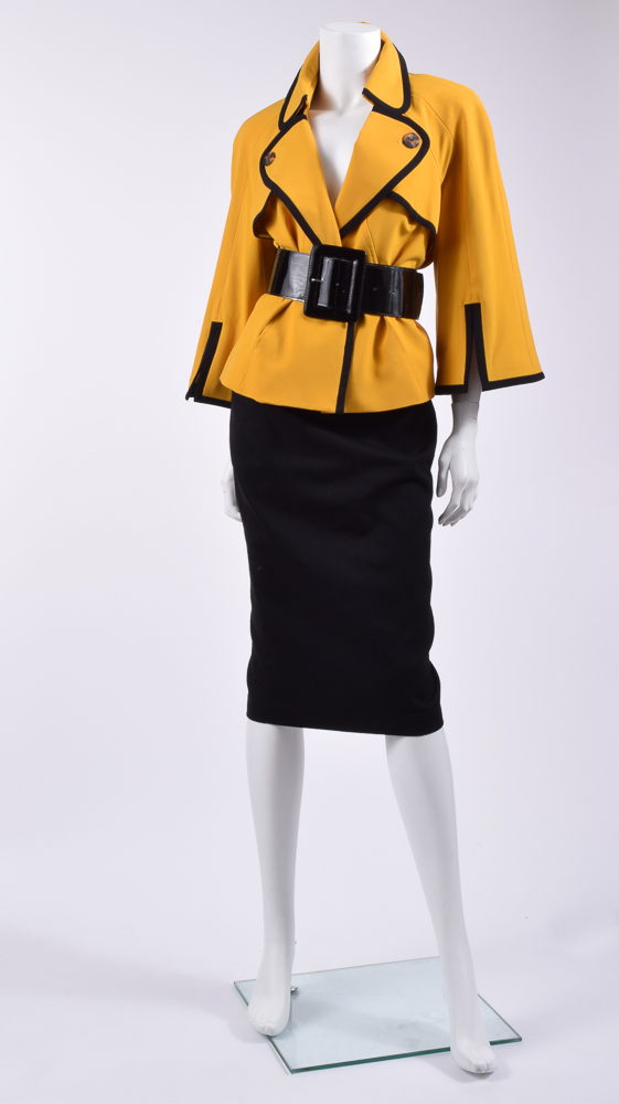 Robert Rodriguez Wool Skirt with Mustard Yellow Jacket and Patent Leather Belt