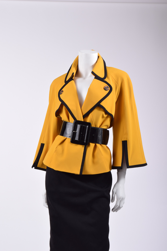 Robert Rodriguez Wool Skirt with Mustard Yellow Jacket and Patent Leather Belt