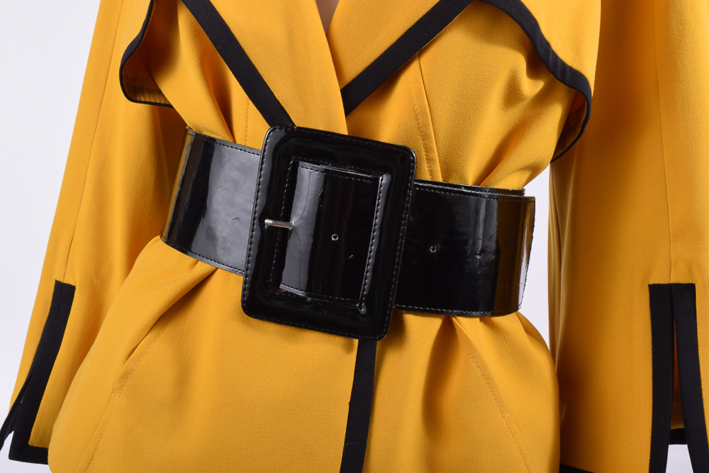 Robert Rodriguez Wool Skirt with Mustard Yellow Jacket and Patent Leather Belt