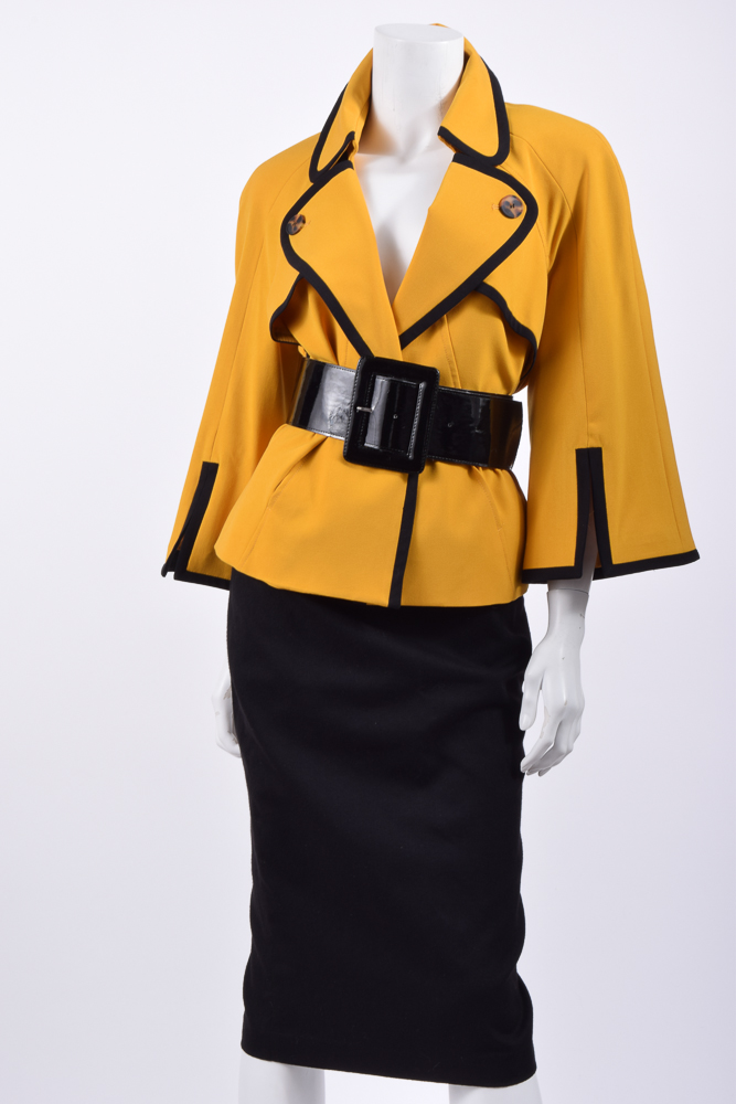 Robert Rodriguez Wool Skirt with Mustard Yellow Jacket and Patent Leather Belt