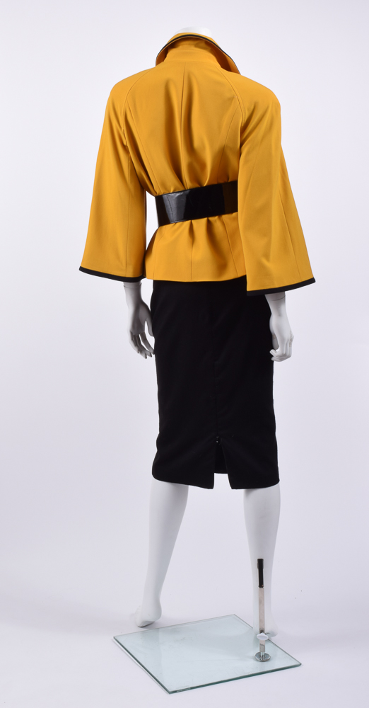 Robert Rodriguez Wool Skirt with Mustard Yellow Jacket and Patent Leather Belt