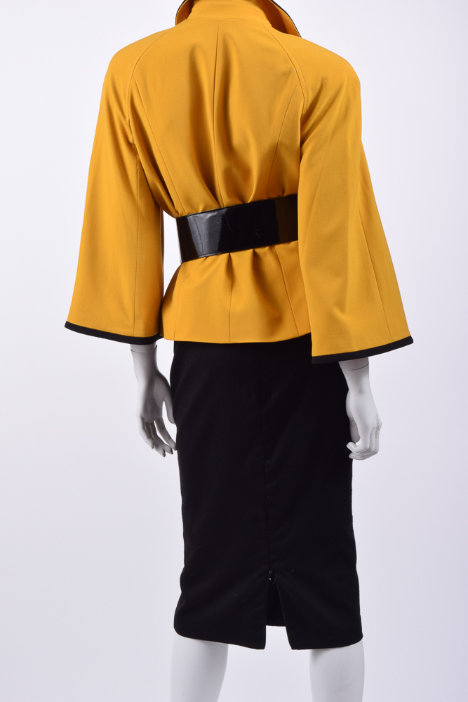 Robert Rodriguez Wool Skirt with Mustard Yellow Jacket and Patent Leather Belt