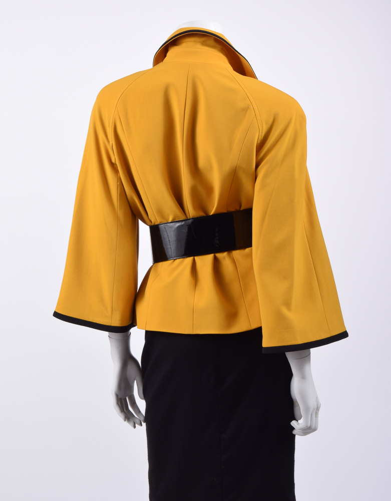 Robert Rodriguez Wool Skirt with Mustard Yellow Jacket and Patent Leather Belt